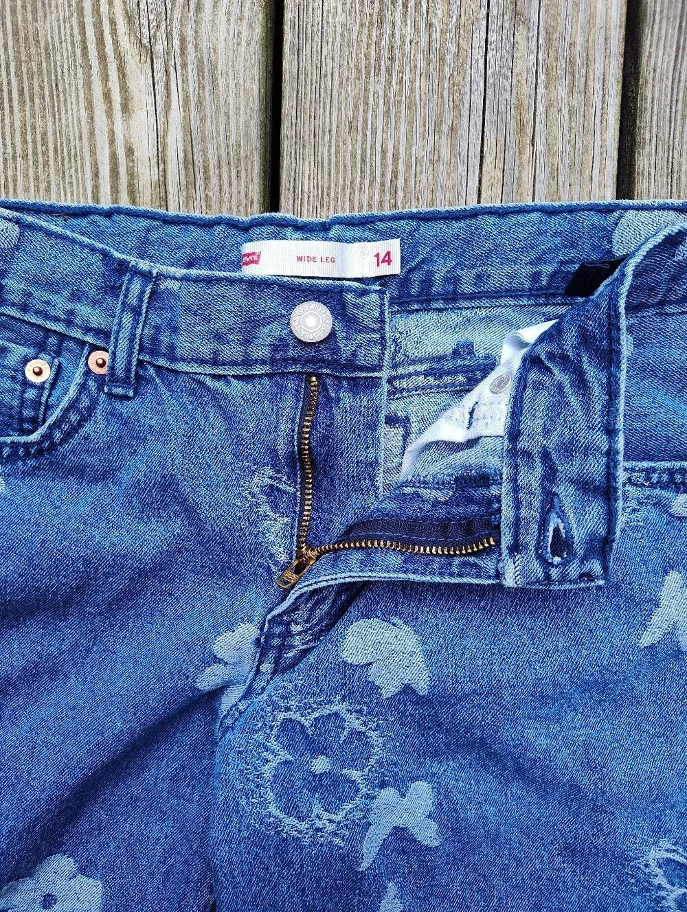 Levi's Big Girls Sz 14 Wide Leg Blue Jeans Butterfly Flower Jacquard 28